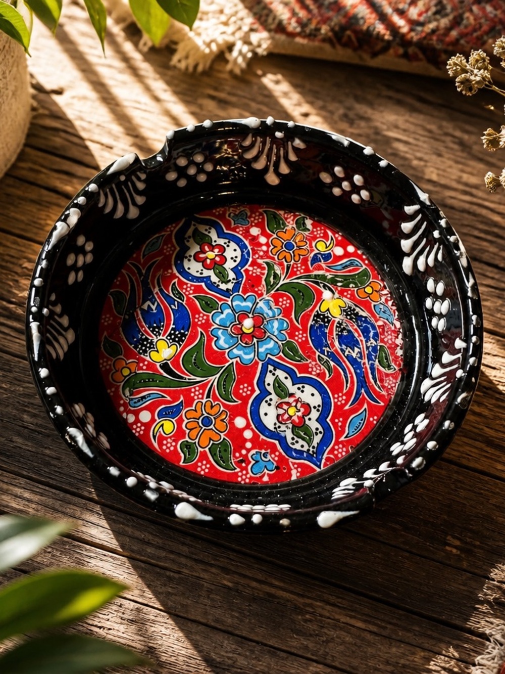 NWOT Hand Painted Turkish Ceramic Ashtray Black Red Floral Pattern